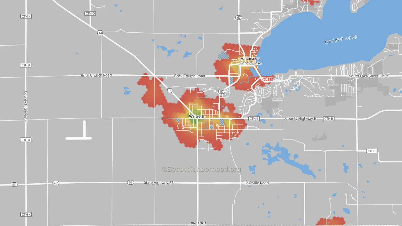 Walk Grade map of 53184, WI, walkable areas in green and car-dependent areas in red