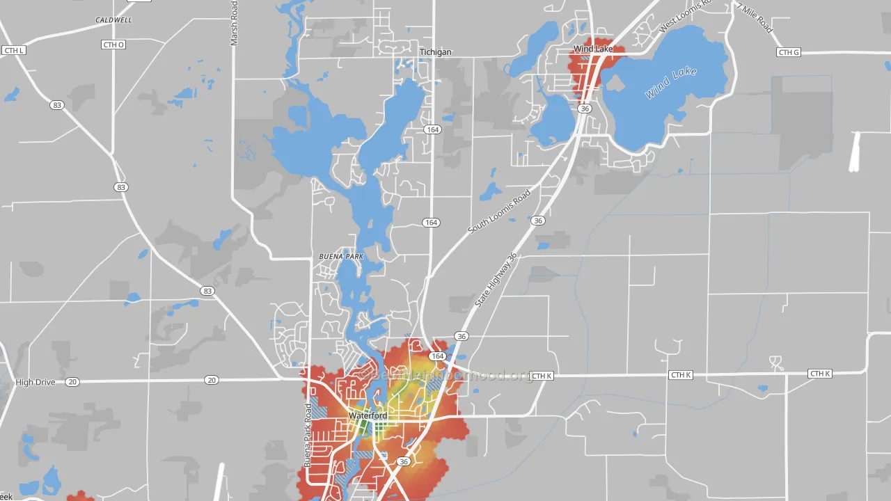 Walk Grade map of 53185, WI, walkable areas in green and car-dependent areas in red