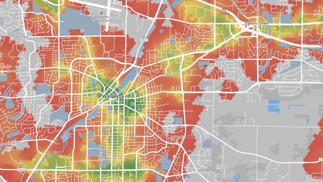Walk Grade map of 53186, WI, walkable areas in green and car-dependent areas in red