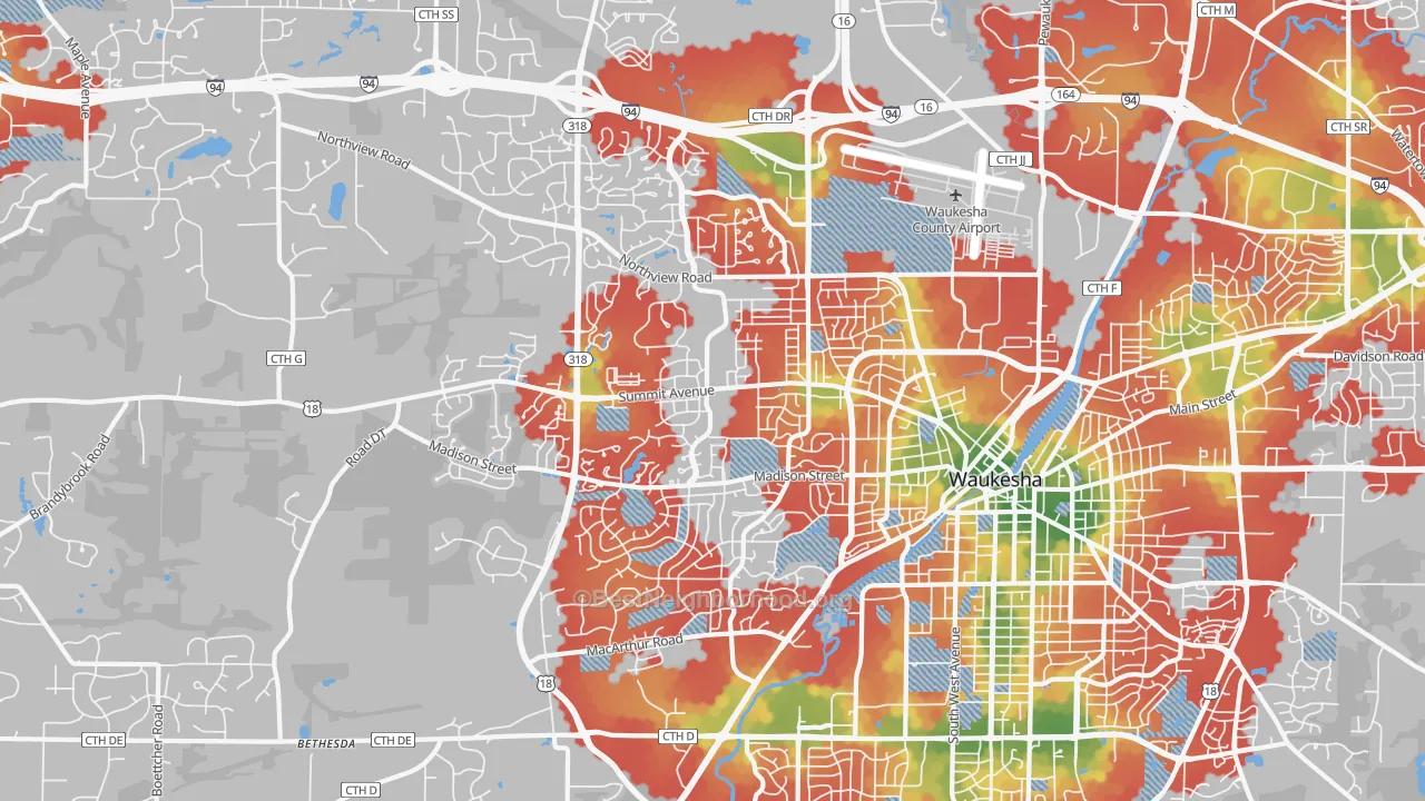 Walk Grade map of 53188, WI, walkable areas in green and car-dependent areas in red