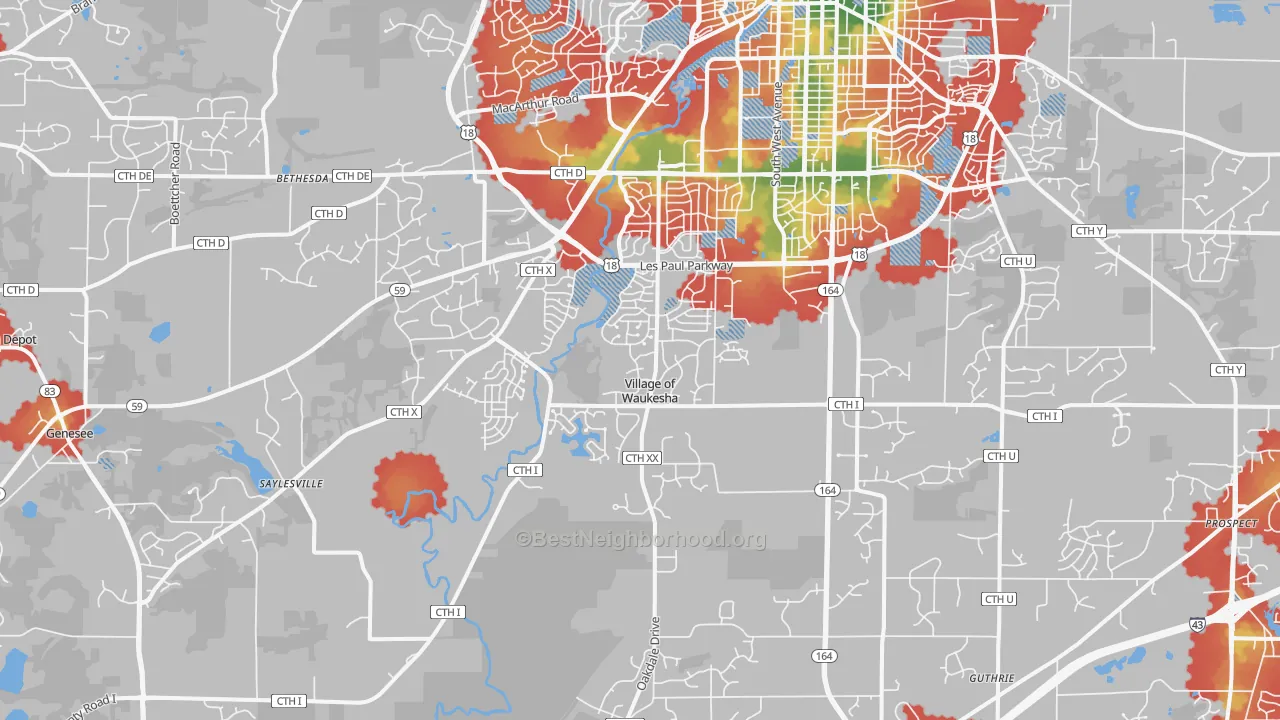 Walk Grade map of 53189, WI, walkable areas in green and car-dependent areas in red