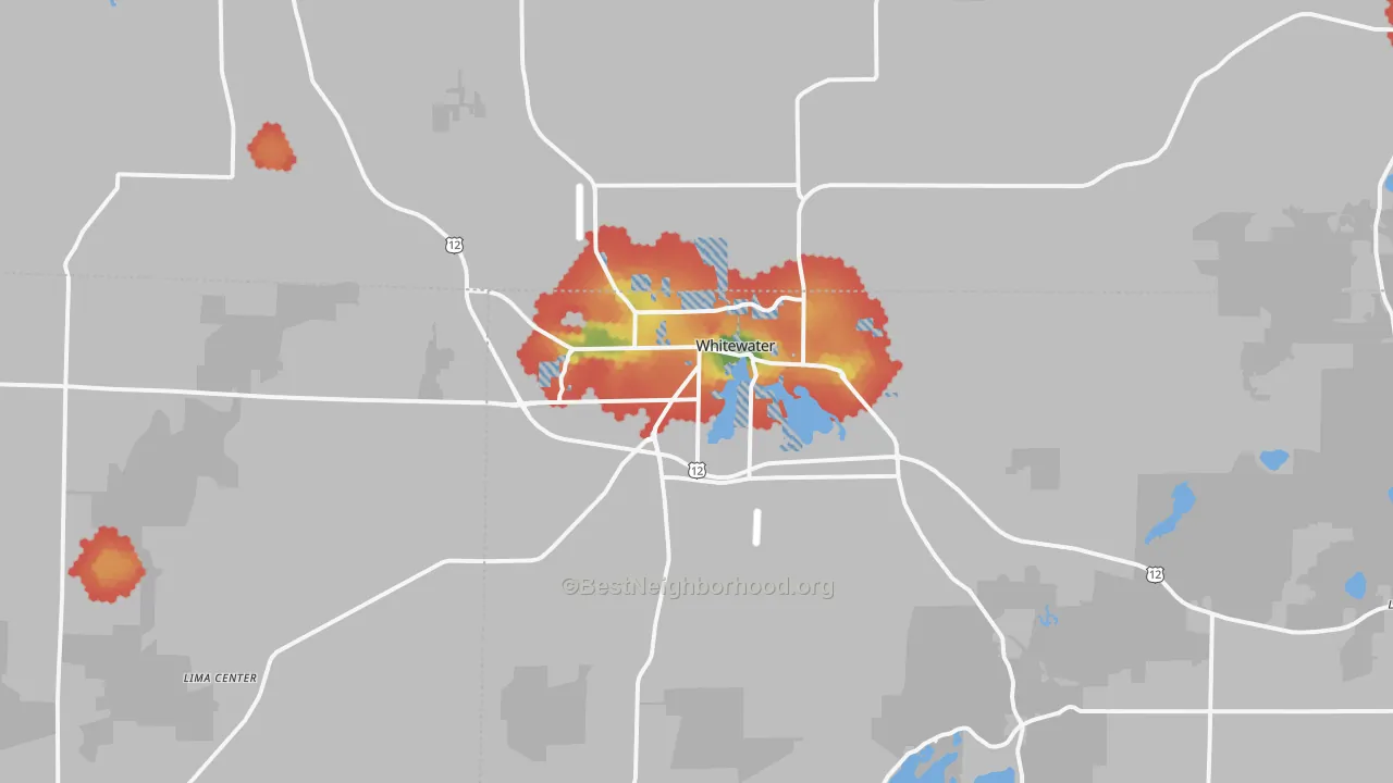 Walk Grade map of 53190, WI, walkable areas in green and car-dependent areas in red