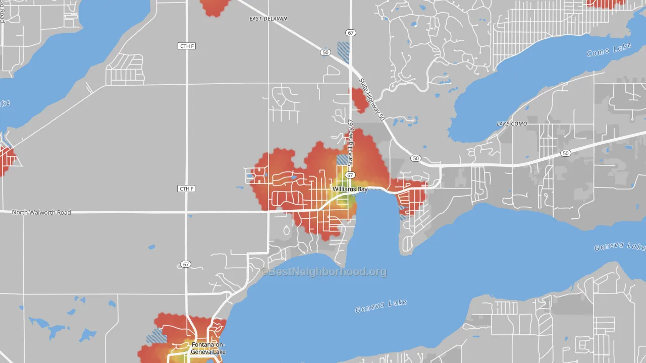 Walk Grade map of 53191, WI, walkable areas in green and car-dependent areas in red