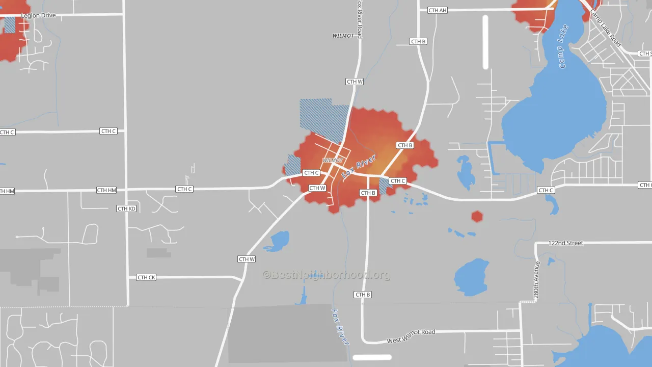 Walk Grade map of 53192, WI, walkable areas in green and car-dependent areas in red