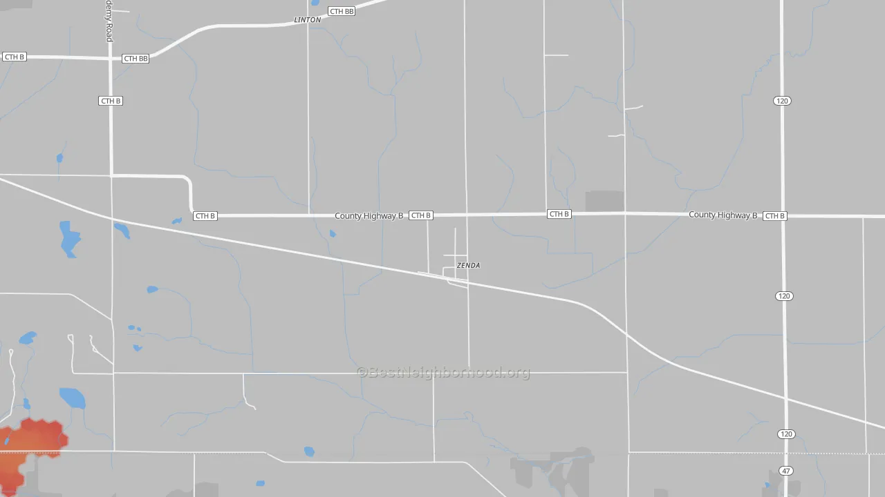 Walk Grade map of 53195, WI, walkable areas in green and car-dependent areas in red