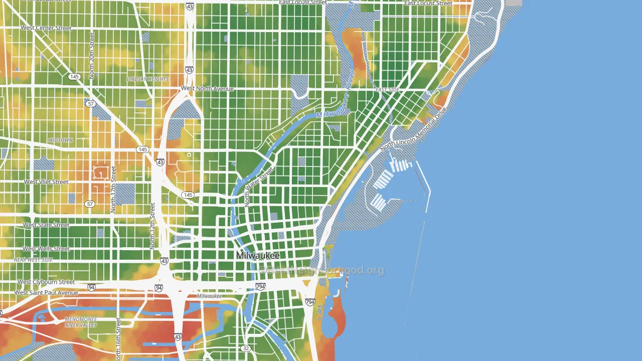 Walk Grade map of 53202, WI, walkable areas in green and car-dependent areas in red