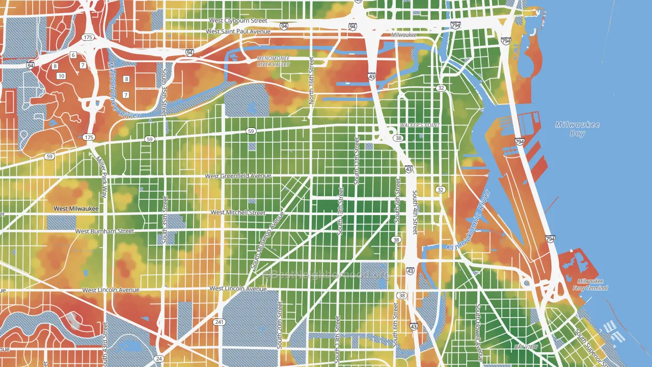 Walk Grade map of 53204, WI, walkable areas in green and car-dependent areas in red