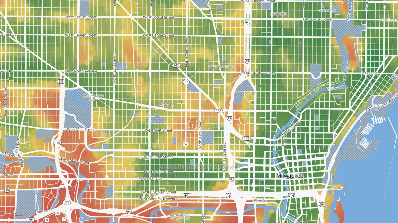 Walk Grade map of 53205, WI, walkable areas in green and car-dependent areas in red