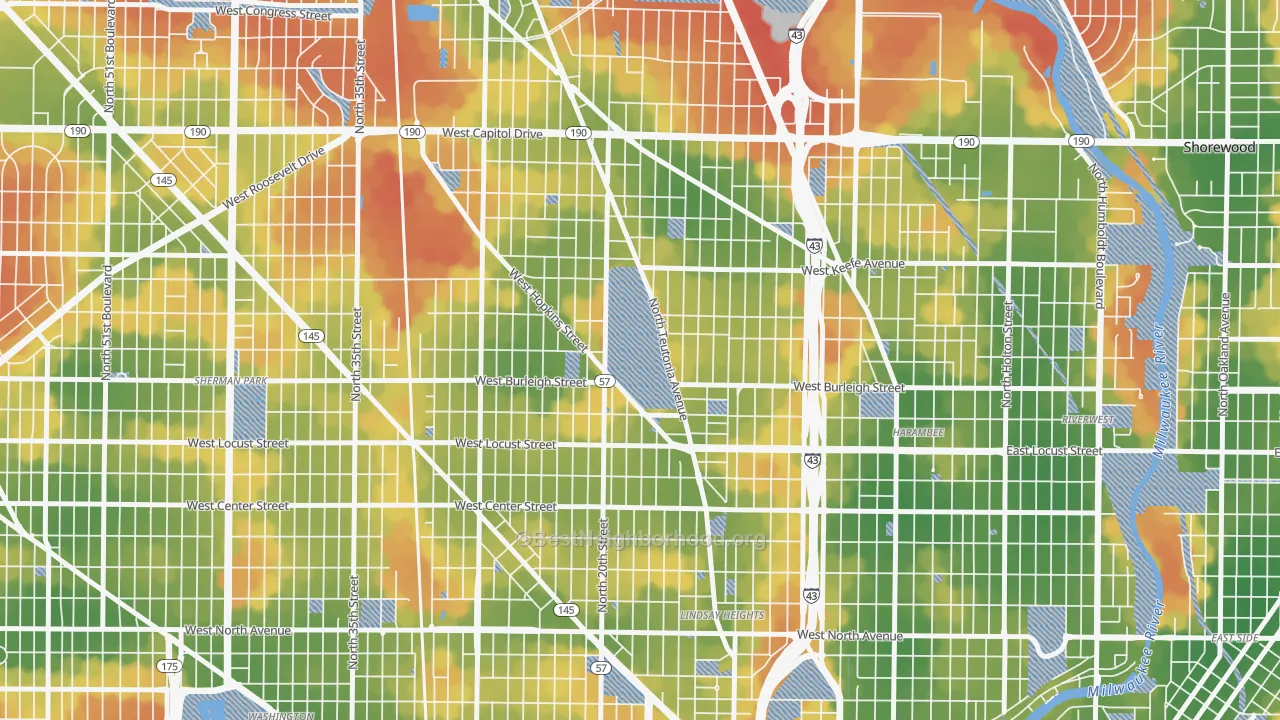 Walk Grade map of 53206, WI, walkable areas in green and car-dependent areas in red