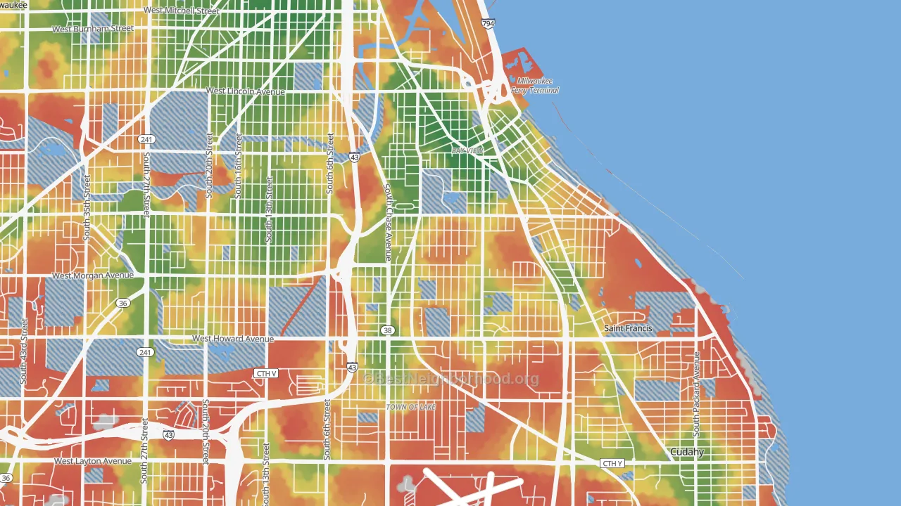 Walk Grade map of 53207, WI, walkable areas in green and car-dependent areas in red