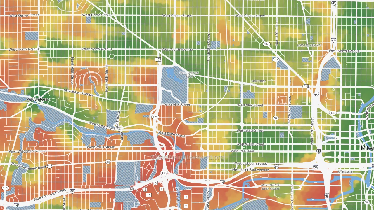 Walk Grade map of 53208, WI, walkable areas in green and car-dependent areas in red