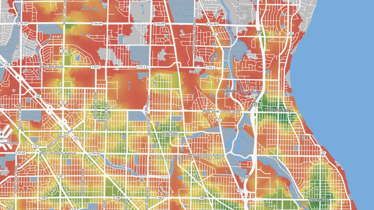 Walk Grade map of 53209, WI, walkable areas in green and car-dependent areas in red