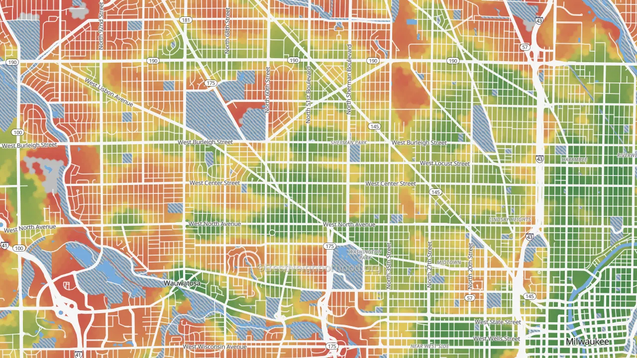 Walk Grade map of 53210, WI, walkable areas in green and car-dependent areas in red