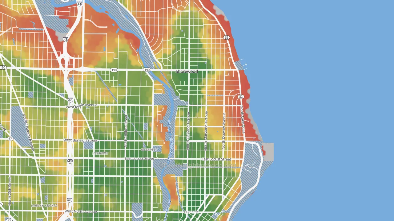 Walk Grade map of 53211, WI, walkable areas in green and car-dependent areas in red