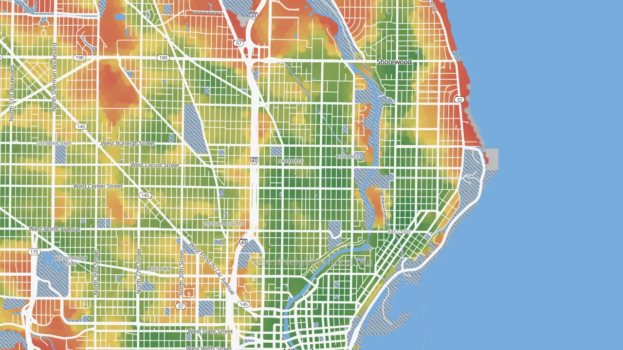 Walk Grade map of 53212, WI, walkable areas in green and car-dependent areas in red