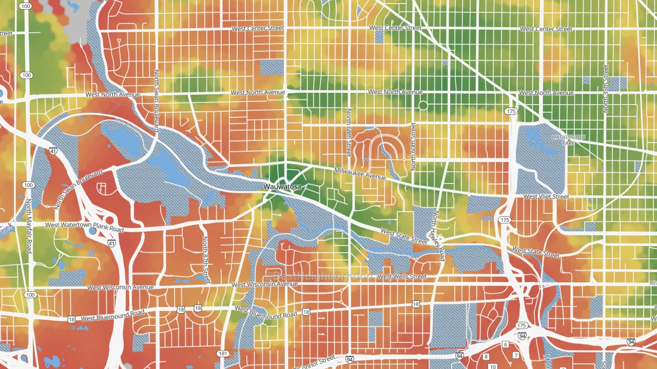Walk Grade map of 53213, WI, walkable areas in green and car-dependent areas in red