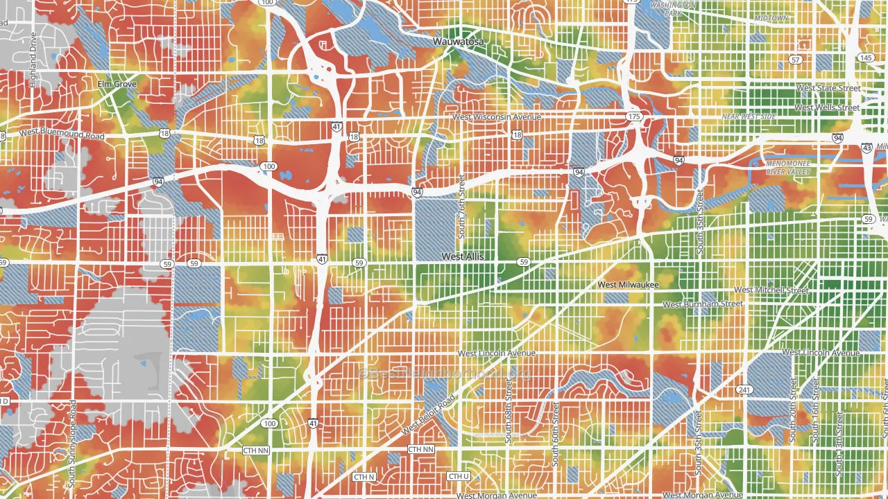 Walk Grade map of 53214, WI, walkable areas in green and car-dependent areas in red