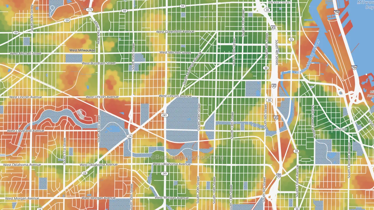 Walk Grade map of 53215, WI, walkable areas in green and car-dependent areas in red