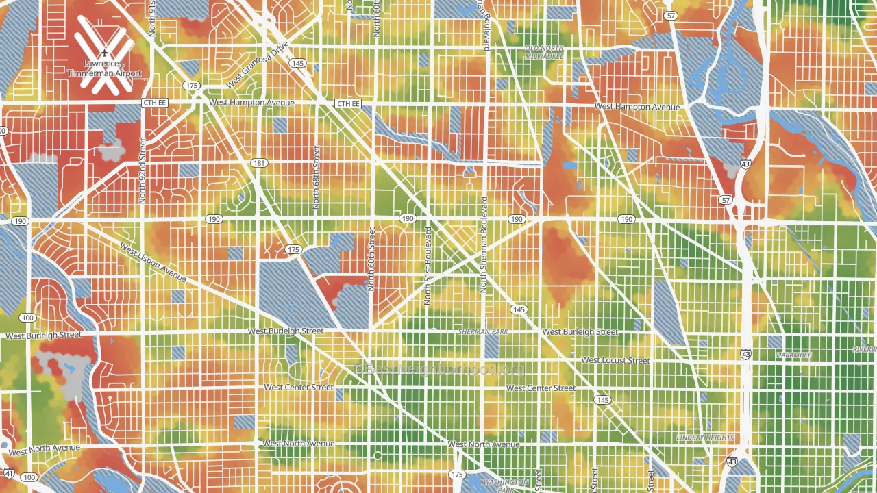 Walk Grade map of 53216, WI, walkable areas in green and car-dependent areas in red