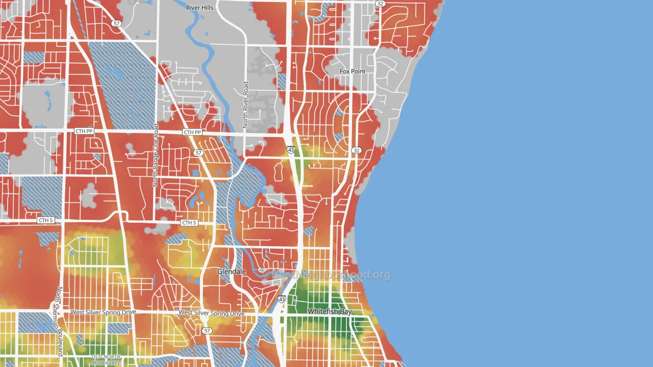Walk Grade map of 53217, WI, walkable areas in green and car-dependent areas in red