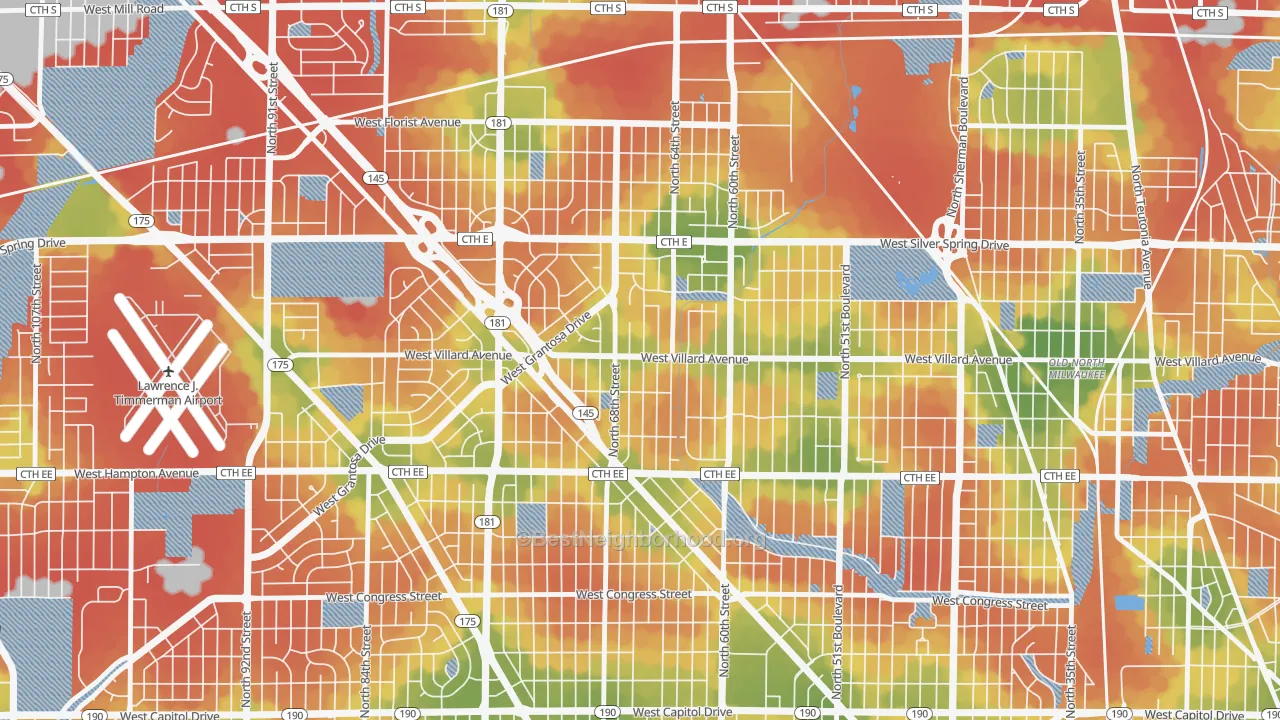 Walk Grade map of 53218, WI, walkable areas in green and car-dependent areas in red