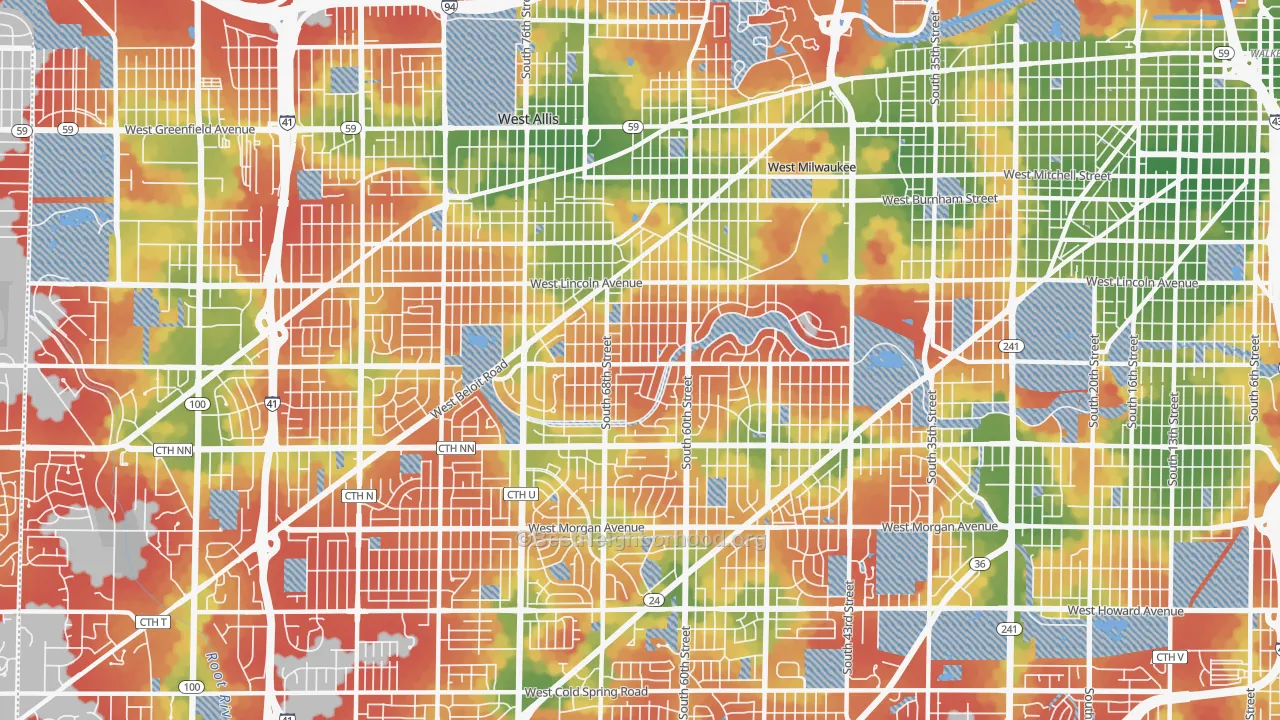 Walk Grade map of 53219, WI, walkable areas in green and car-dependent areas in red