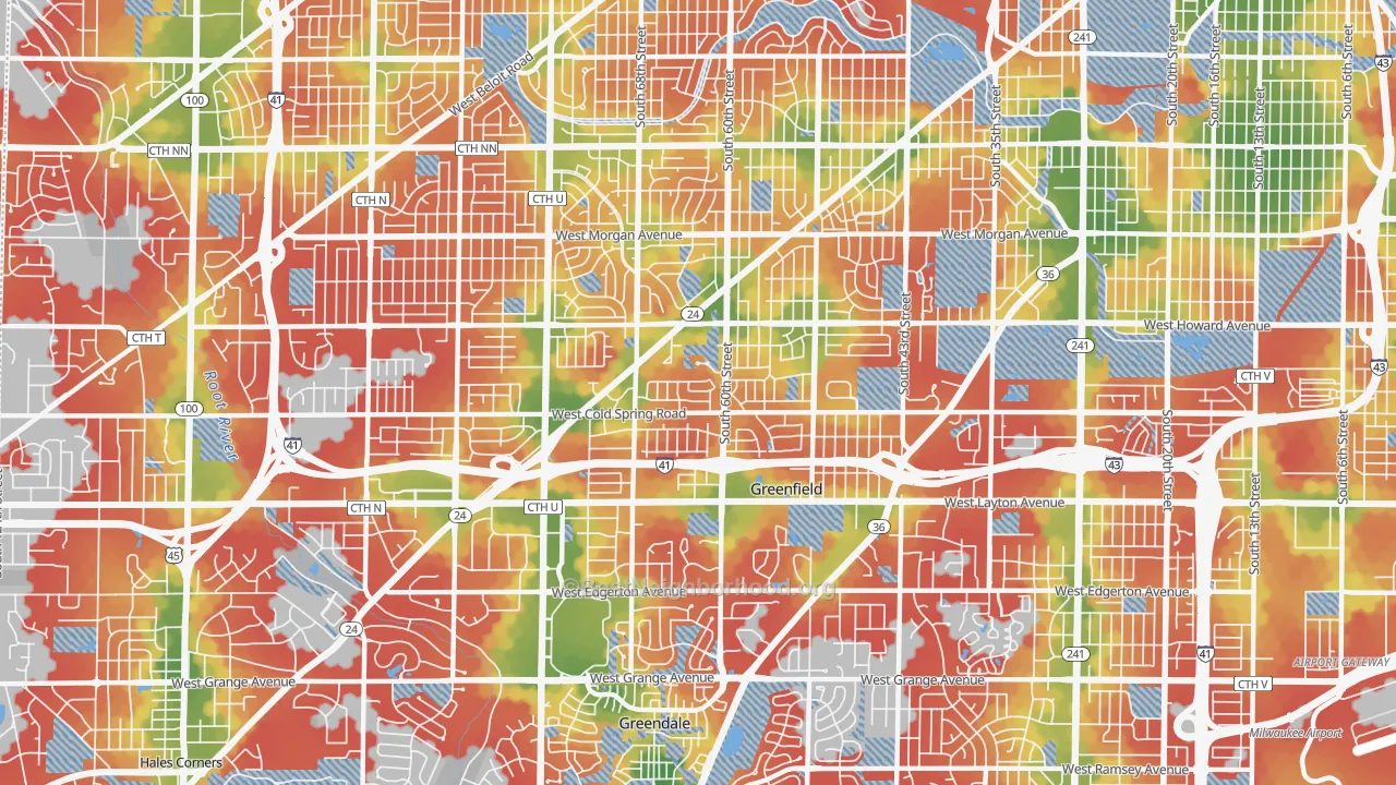 Walk Grade map of 53220, WI, walkable areas in green and car-dependent areas in red