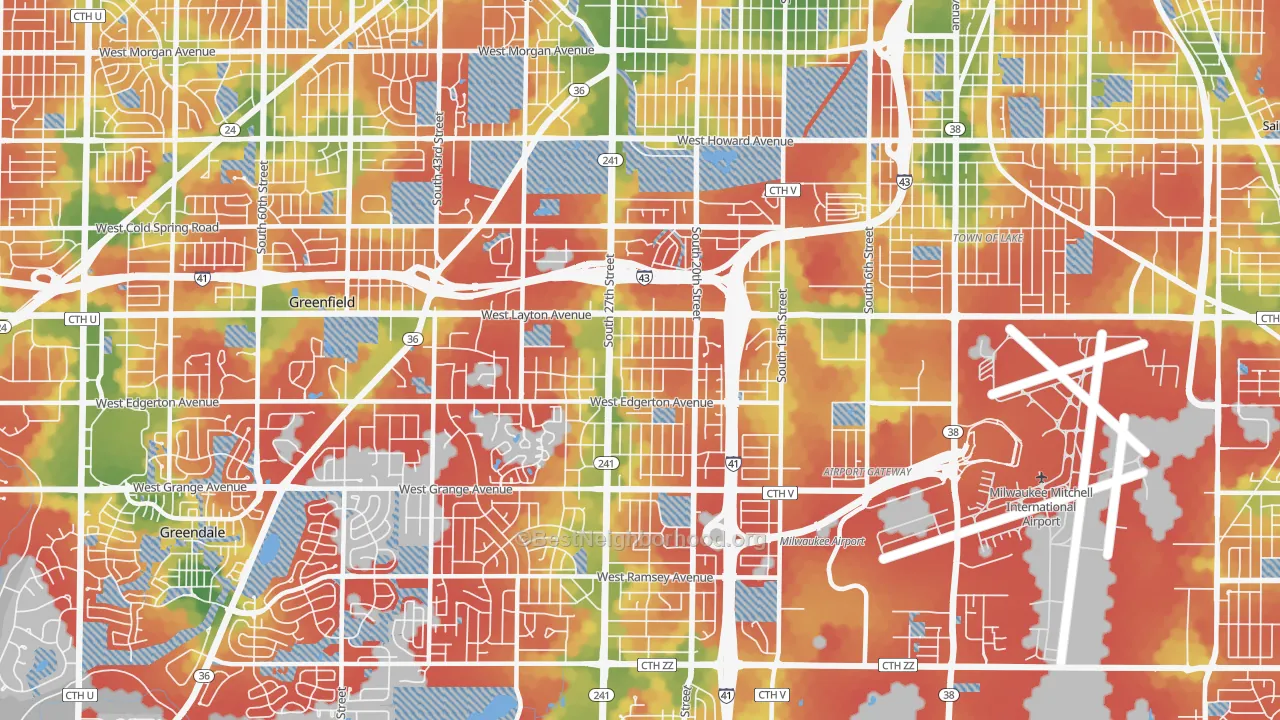 Walk Grade map of 53221, WI, walkable areas in green and car-dependent areas in red