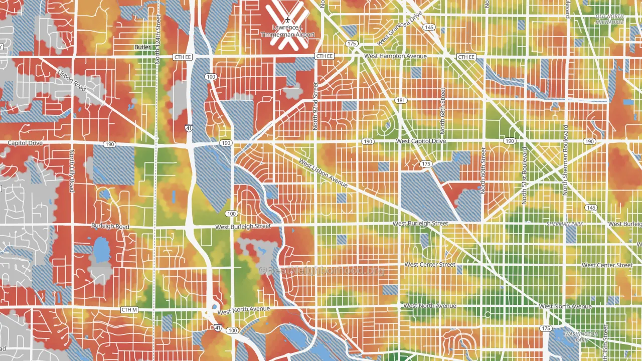 Walk Grade map of 53222, WI, walkable areas in green and car-dependent areas in red