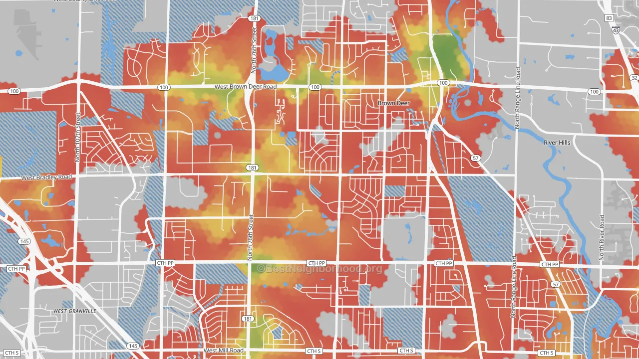 Walk Grade map of 53223, WI, walkable areas in green and car-dependent areas in red