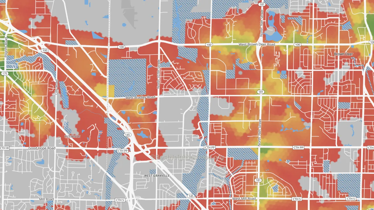 Walk Grade map of 53224, WI, walkable areas in green and car-dependent areas in red