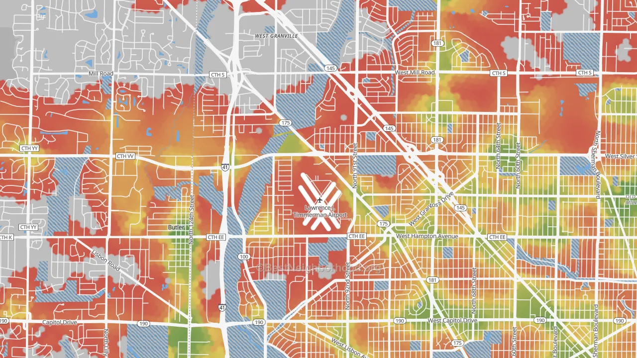 Walk Grade map of 53225, WI, walkable areas in green and car-dependent areas in red