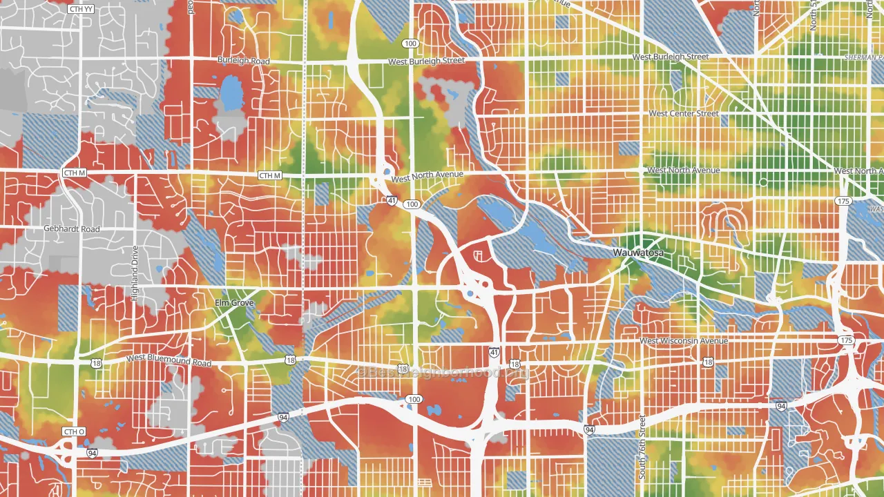 Walk Grade map of 53226, WI, walkable areas in green and car-dependent areas in red
