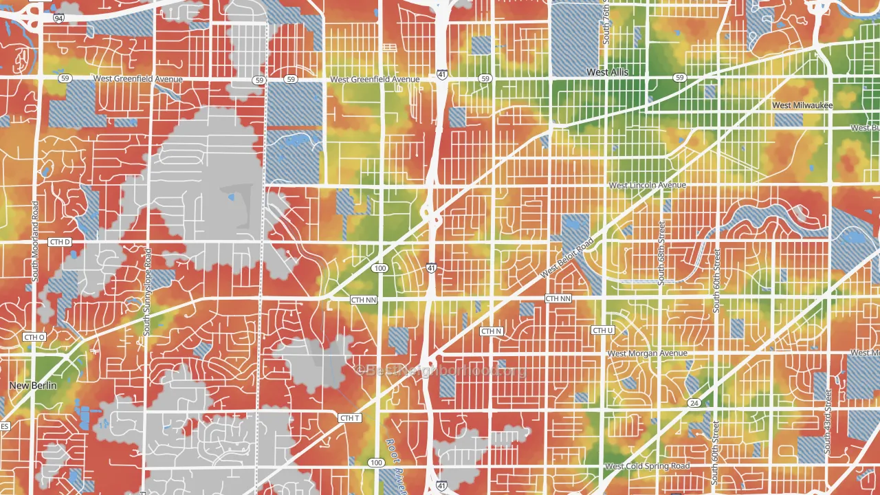 Walk Grade map of 53227, WI, walkable areas in green and car-dependent areas in red