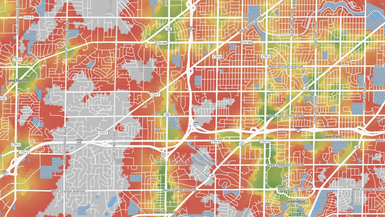Walk Grade map of 53228, WI, walkable areas in green and car-dependent areas in red