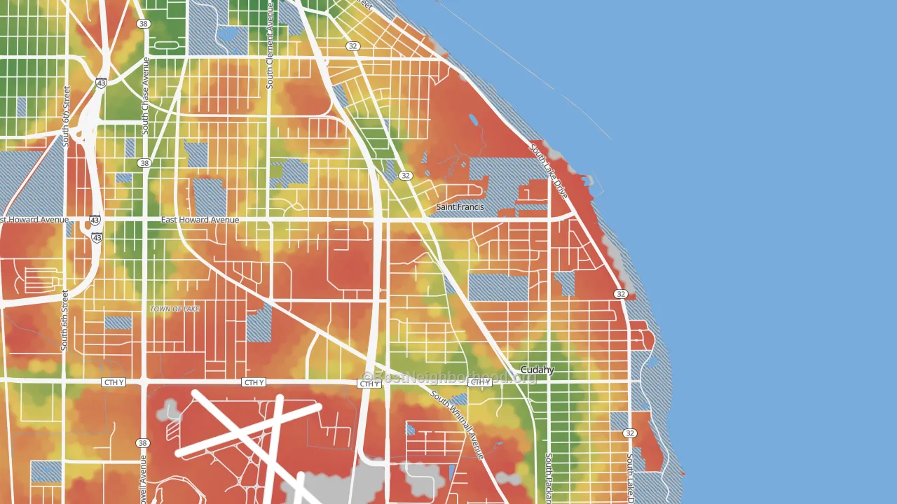 Walk Grade map of 53235, WI, walkable areas in green and car-dependent areas in red