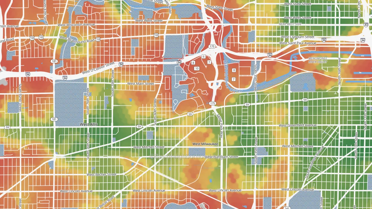 Walk Grade map of 53295, WI, walkable areas in green and car-dependent areas in red