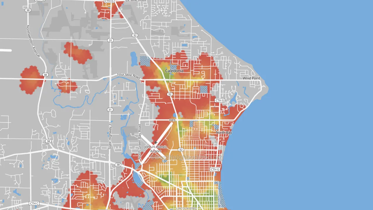 Walk Grade map of 53402, WI, walkable areas in green and car-dependent areas in red