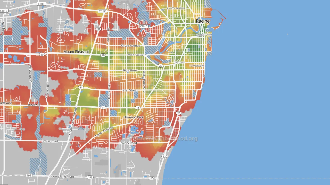 Walk Grade map of 53403, WI, walkable areas in green and car-dependent areas in red
