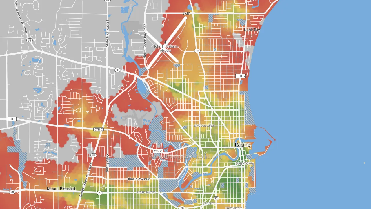 Walk Grade map of 53404, WI, walkable areas in green and car-dependent areas in red