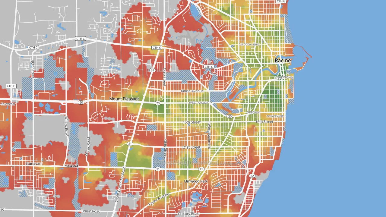 Walk Grade map of 53405, WI, walkable areas in green and car-dependent areas in red