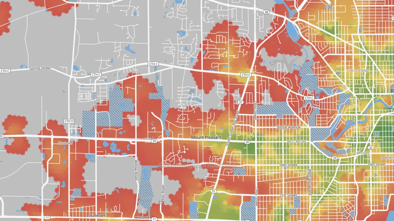 Walk Grade map of 53406, WI, walkable areas in green and car-dependent areas in red