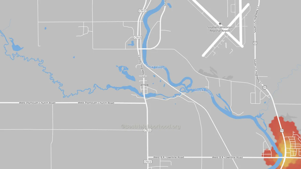 Walk Grade map of 53501, WI, walkable areas in green and car-dependent areas in red
