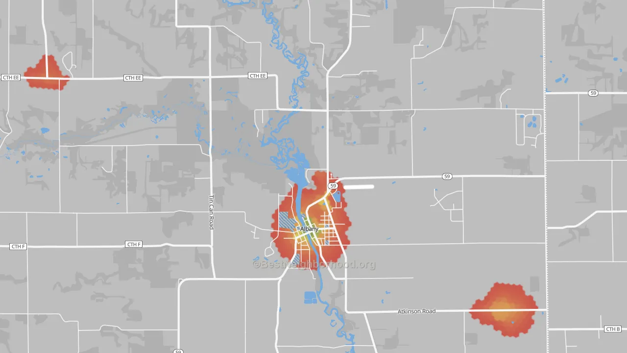 Walk Grade map of 53502, WI, walkable areas in green and car-dependent areas in red