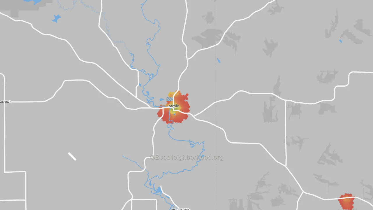 Walk Grade map of 53504, WI, walkable areas in green and car-dependent areas in red