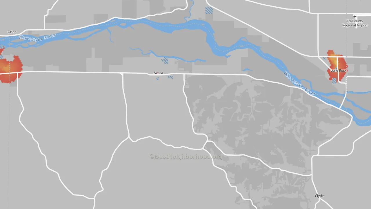 Walk Grade map of 53506, WI, walkable areas in green and car-dependent areas in red