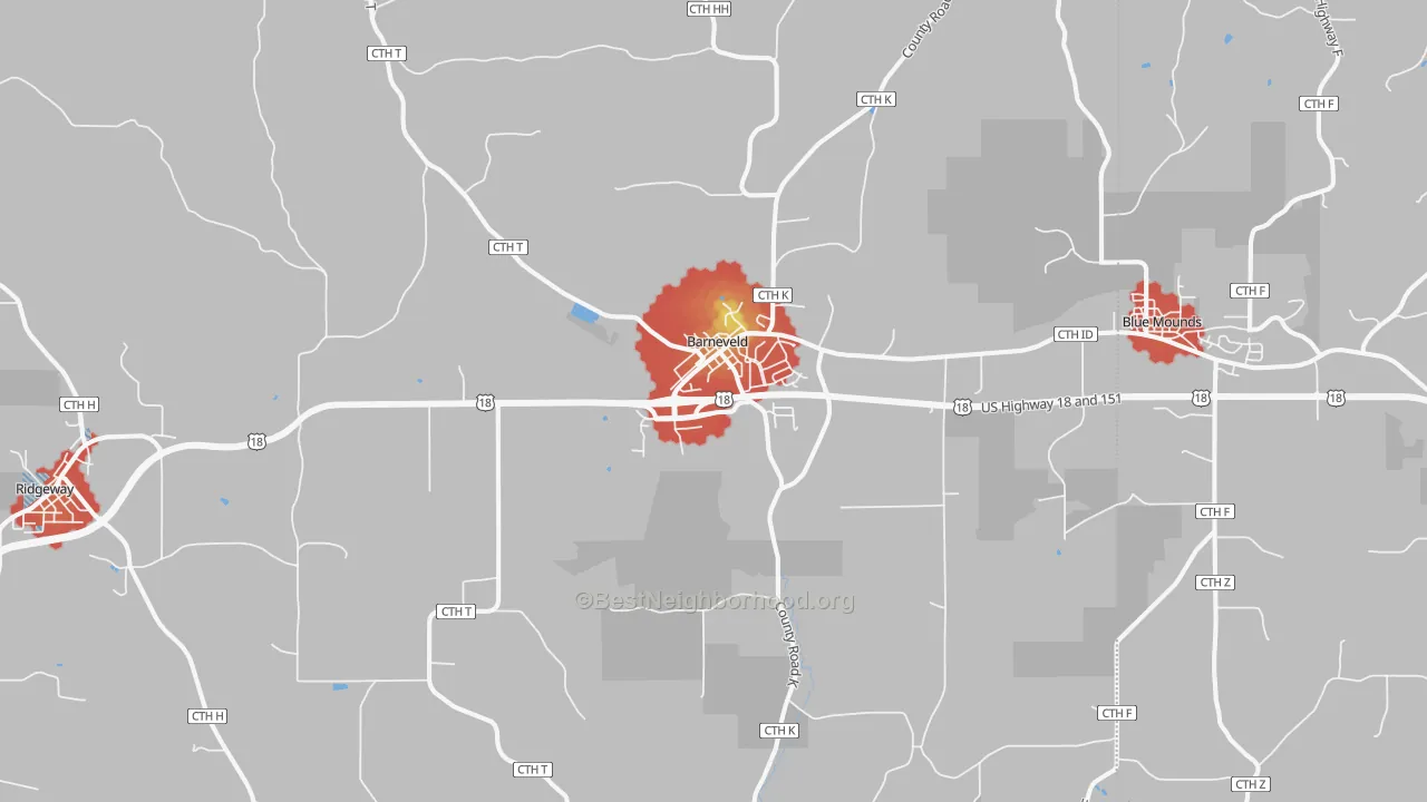 Walk Grade map of 53507, WI, walkable areas in green and car-dependent areas in red