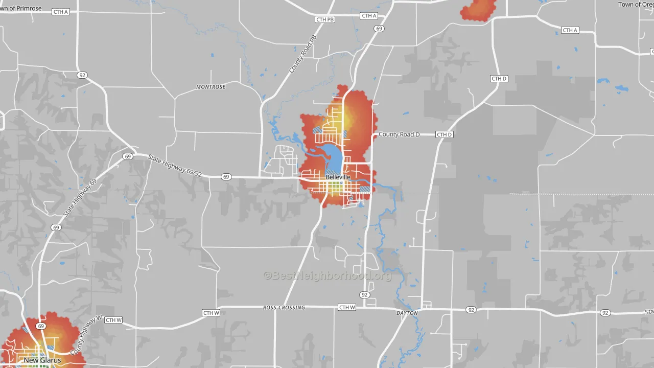 Walk Grade map of 53508, WI, walkable areas in green and car-dependent areas in red