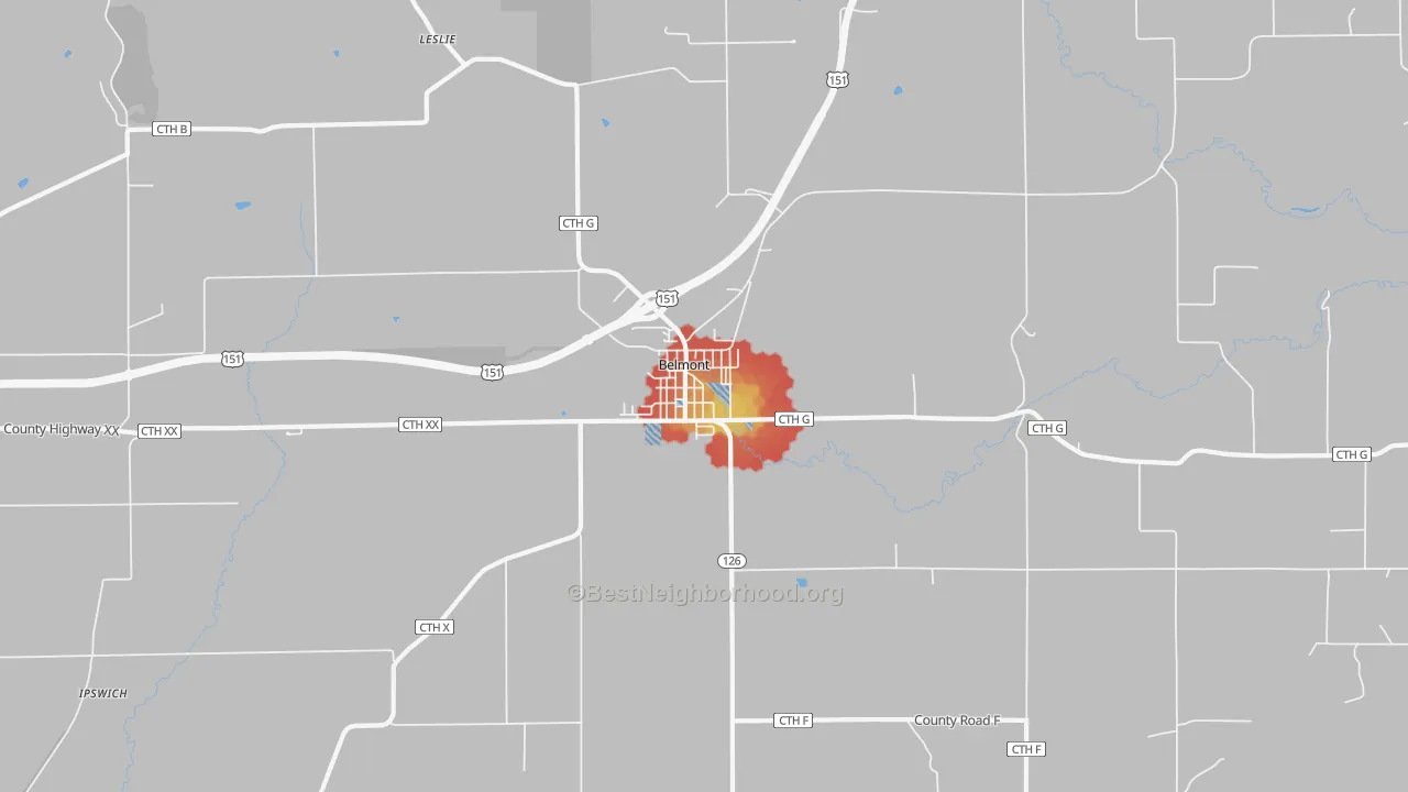 Walk Grade map of 53510, WI, walkable areas in green and car-dependent areas in red