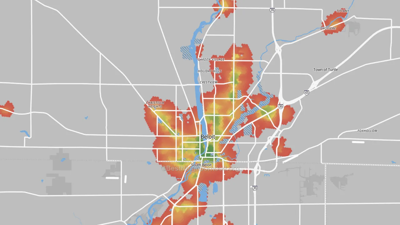 Walk Grade map of 53511, WI, walkable areas in green and car-dependent areas in red